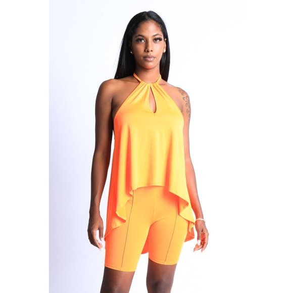 Women's Sexy Cute 2 Piece Outfits High Low Halter Neck Top and Matching Biker Sh - Picture 2 of 10